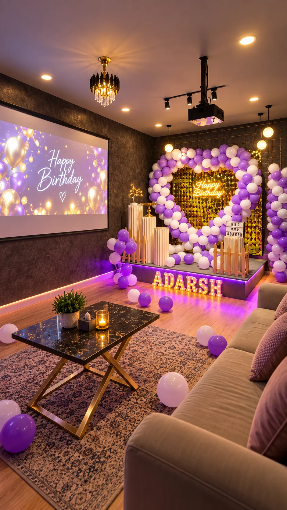 Purple and white balloon birthday setup with custom LED name and projector screen