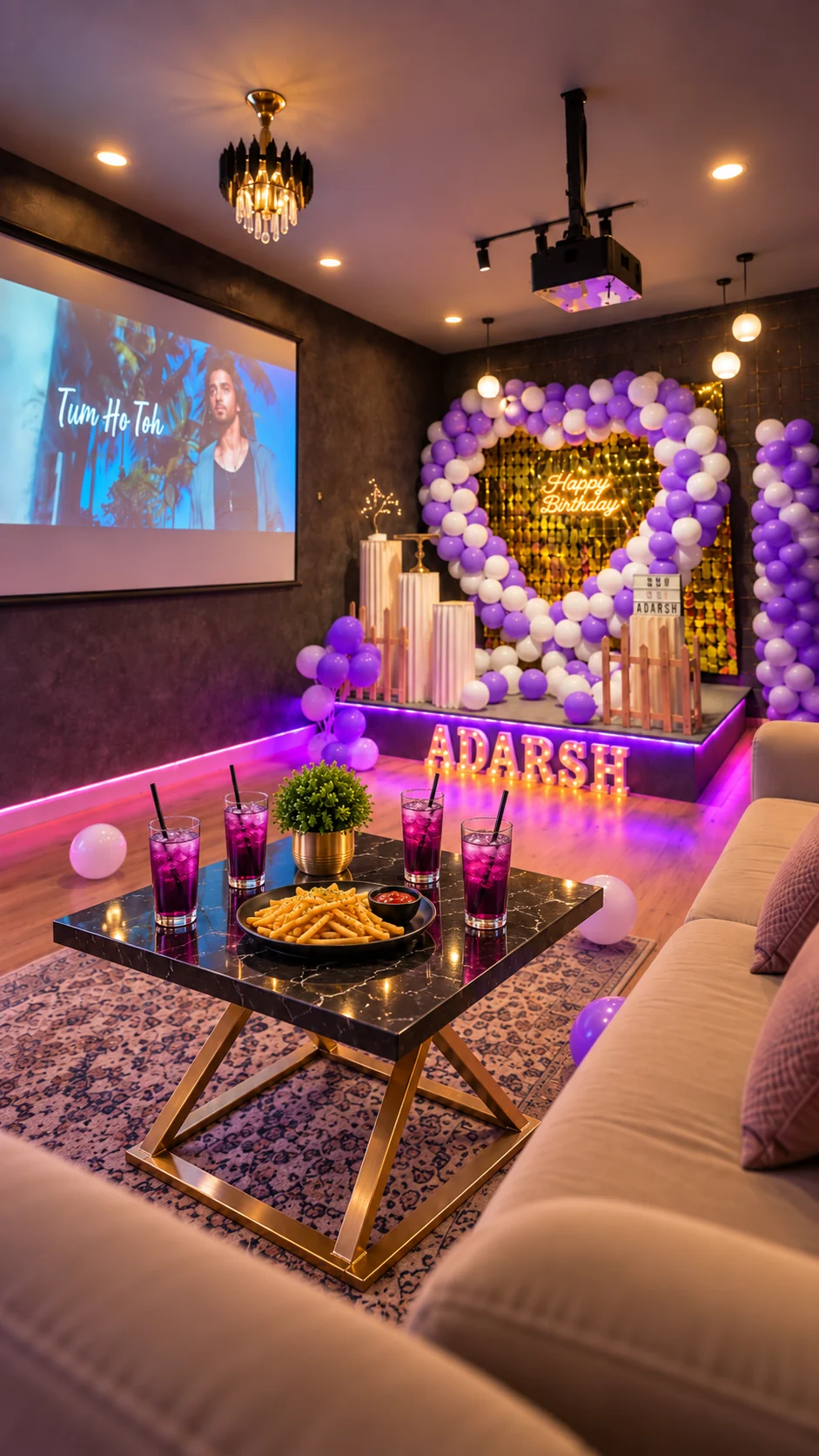 Welcome drinks and snacks on a table in the purple and white studio setup